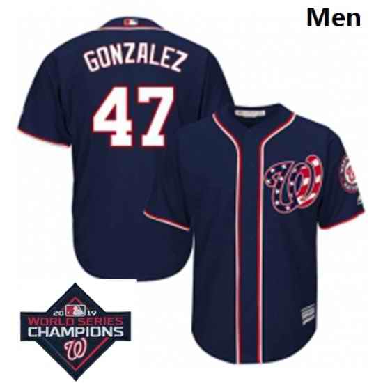 Mens Majestic Washington Nationals 47 Gio Gonzalez Navy Blue Alternate 2 Cool Base MLB Stitched 2019 World Series Champions Patch Jersey